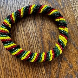 Handcrafted Seed Bead Spiral Bangle Bracelet - Black, Yellow, Red, Green